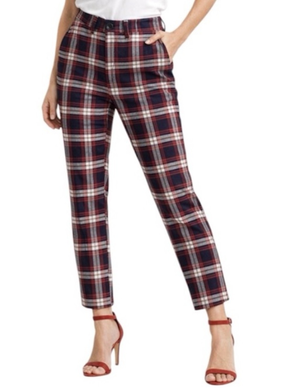 Zara Women Plaid Straight-Leg Trousers in Red and Navy Size 30  Tartan Pattern